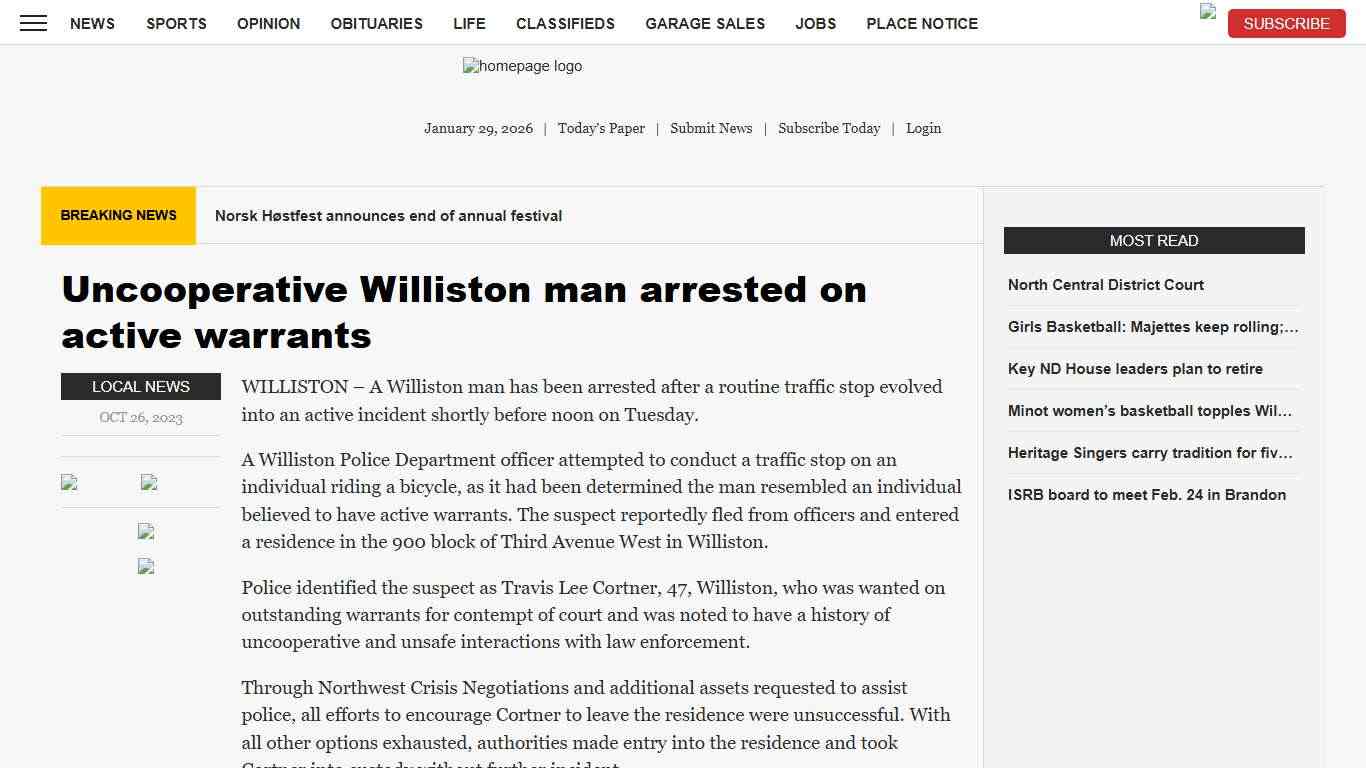 Uncooperative Williston man arrested on active warrants News, Sports, Jobs - Minot Daily News