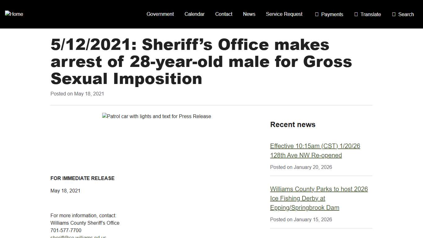 5/12/2021: Sheriff’s Office makes arrest of 28-year-old male for Gross Sexual Imposition - Williams County, ND