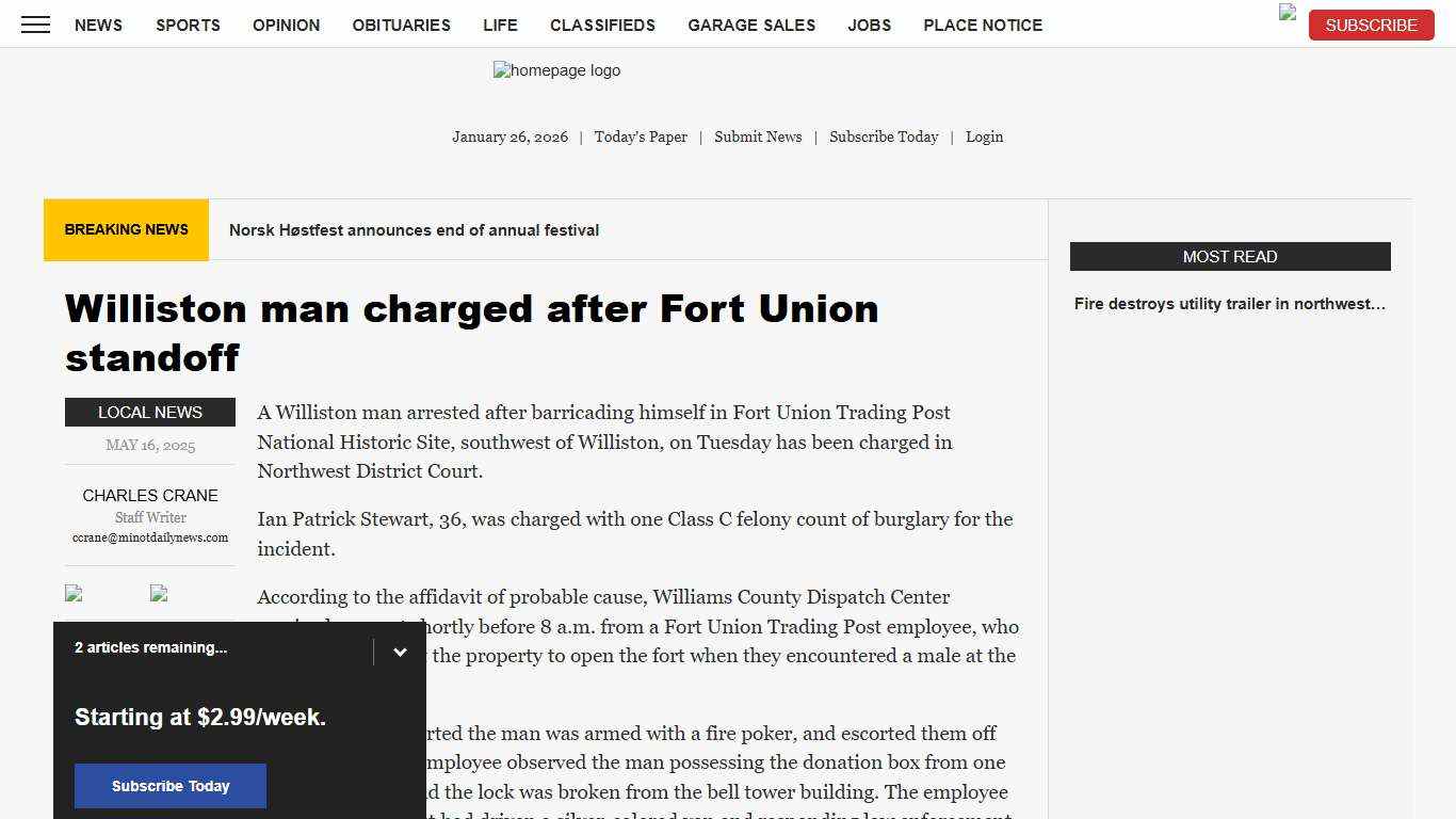 Williston man charged after Fort Union standoff News, Sports, Jobs - Minot Daily News